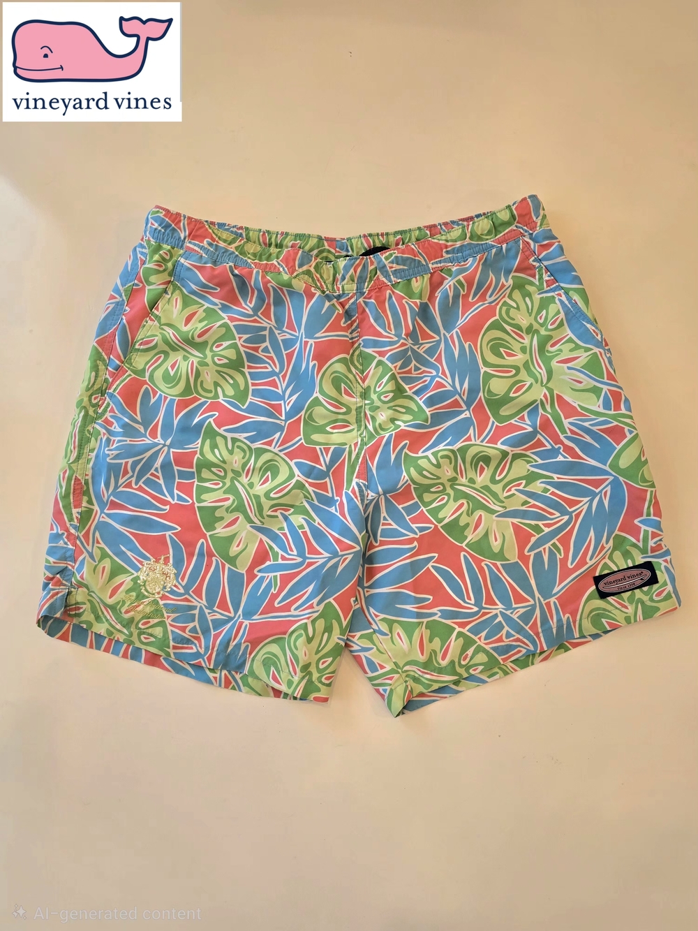 Vineyard Vines Tropical Leaf Print Swim Trunks in Coral, Blue & Green